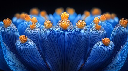 Intricate Macro Photography of Blue Iris Flowers with Striking Orange Centers Displaying Detailed Petal Textures and Vibrant Color Contrasts in Dark Ambiance