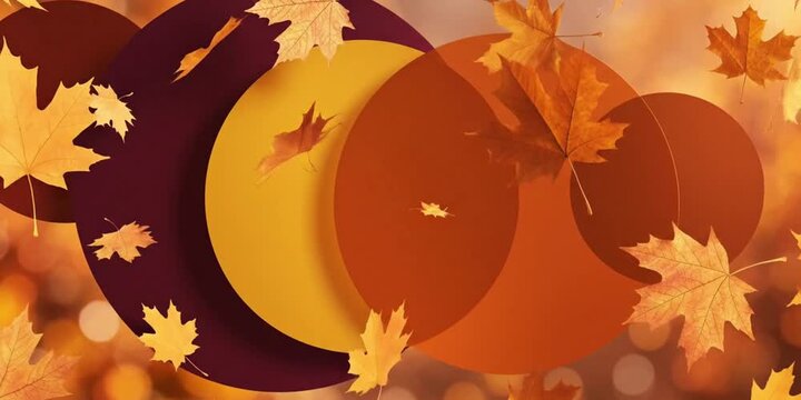 Overlapping circular shapes blend warm autumn tones alongside delicate botanical leaf element harmoniously.