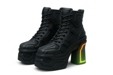 Pair of black futuristic platform boots, isolated on a transparent background