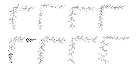 Hand Drawn Floral Corner Leaf and Branch Vector Set