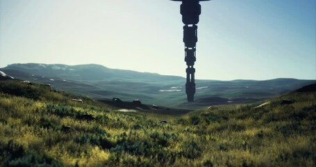 An alien ship floats gracefully above a lush green landscape. The sunlight casts mysterious shadows, enhancing the otherworldly atmosphere of this tranquil setting in an expansive valley.