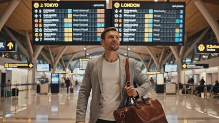 Confused male traveler with luggage standing in front of a departure board, struggling to choose between different flight destinations like tokyo and london, representing decision making and fobo