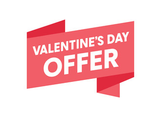 Flat vector banner design text Valentine Day Offer bold geometric font rose and white palette ribbon folded shape