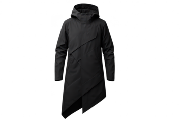Stylish black hooded jacket with asymmetrical design, isolated on transparent background