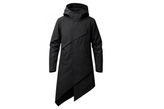 Stylish black hooded jacket with asymmetrical design, isolated on transparent background