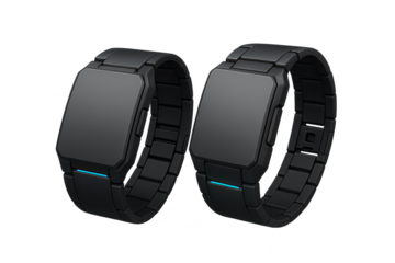 Two futuristic black smartwatches with blue light, isolated on transparent background