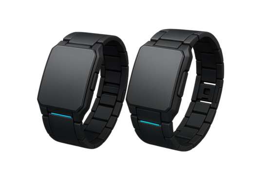 Two futuristic black smartwatches with blue light, isolated on transparent background