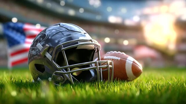 American football helmet and ball rest on green grass field in stadium, USA flag waves behind, sunlight illuminates stadium seats, game day atmosphere ready for kickoff, under soft