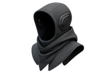 Sleek dark gray futuristic hood with earpieces, isolated, transparent background
