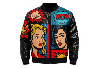 Stylish pop art bomber jacket with comic design, isolated on transparent background.