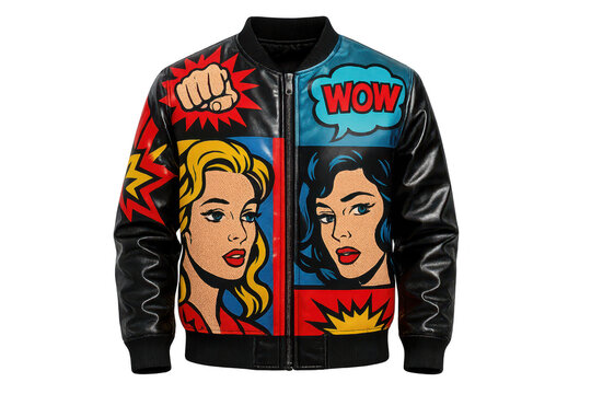 Stylish pop art bomber jacket with comic design, isolated on transparent background.
