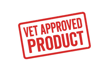 Red rubber stamp text VET APPROVED PRODUCT rectangular outline bold capital letters distressed texture rotation isolated on white background vector illustration clean minimal style