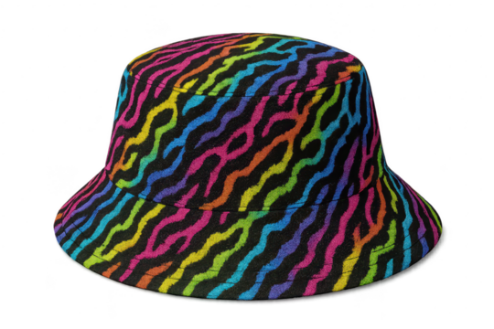 Vibrant rainbow zebra print bucket hat isolated on transparent background.