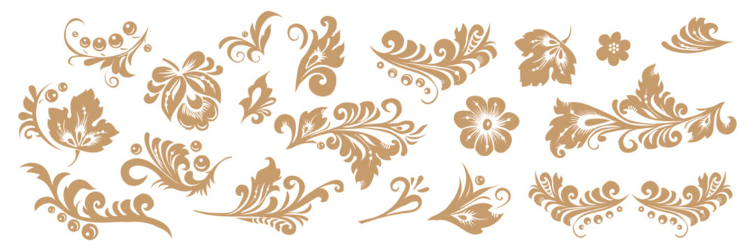 Vintage swirl-style ornament. Russian style, leaf pattern, elegant filigree ornament. Golden arabesque decorative elements. Vector Slavic traditional motif. Suitable for card, wedding, and invitation.