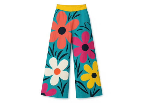 Colorful wide-leg pants with vibrant floral pattern, isolated on transparent background.