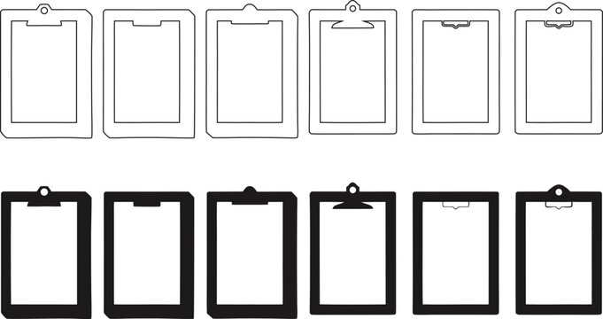 Clipboard icon set in outline and solid styles, minimal office stationery collection for business, document management, planner design, and modern organizational graphics. - Powered by Adobe