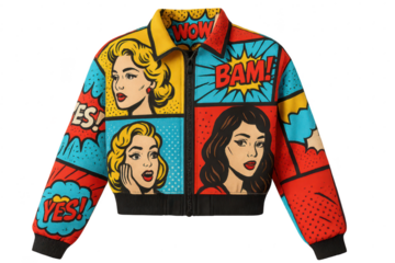 Pop art comic jacket, isolated on transparent background, bold style.