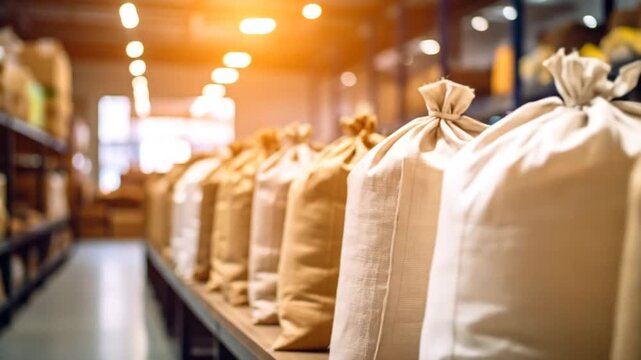 Bags of grains on shelf in storage.