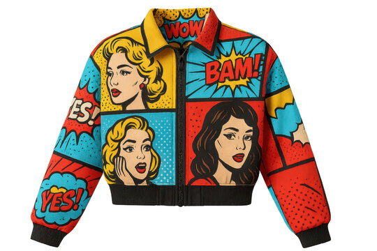 Pop art comic jacket, isolated on transparent background, bold style.
