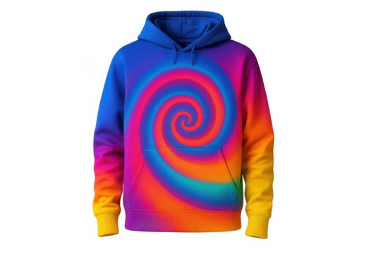 Vibrant rainbow spiral hoodie isolated on transparent background, casual wear.