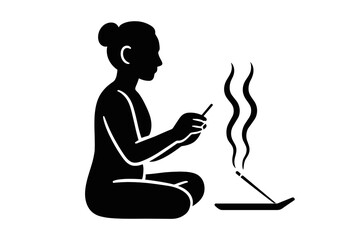 person burning incense before meditation flat black solid vector illustration isolated on white background