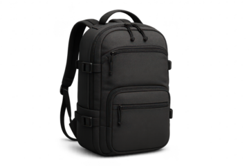 Modern black backpack with a sleek design, isolated on a transparent background.