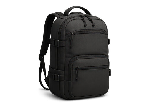 Modern black backpack with a sleek design, isolated on a transparent background.