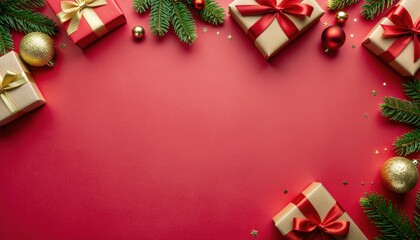 Christmas gift presentation festive setting image type red background overhead view holiday celebration