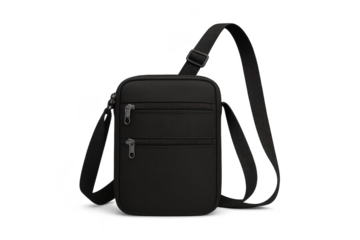 Black shoulder bag with zippers and adjustable strap, perfect for travel, isolated on transparent background