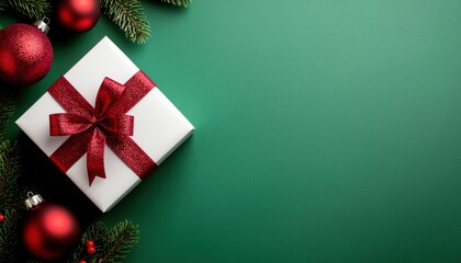 Festive gift wrapped in red bow with christmas ornaments holiday celebration indoor setting aesthetic viewpoint joyful concept for seasonal decoration and gifting ideas