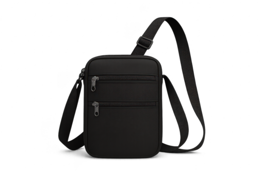 Black shoulder bag with zippers and adjustable strap, perfect for travel, isolated on transparent background - Powered by Adobe