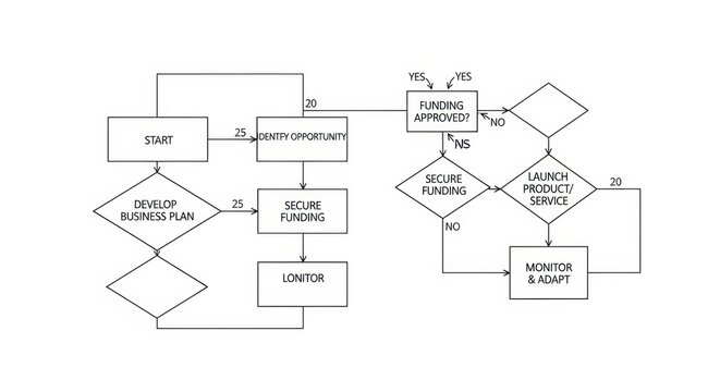 Detailed flowchart depicting steps in business development and funding acquisition from conception