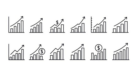 Collection of minimal line art growth charts illustrating positive business trends and financial