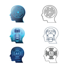 Futuristic Robot Helmet, Circuit Tree and AI Technology Vector Set