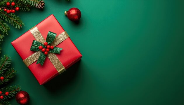 Christmas gift box with holly decoration festive atmosphere flat lay composition green background warm ambiance holiday spirit for family gatherings