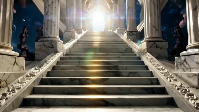 Majestic marble staircase leading to bright heavenly light