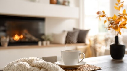 Obraz premium Bright autumn scene with cup of hot coffee on table, featuring vase of fall foliage and blurred modern fireplace and living room in background