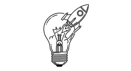 Creative idea illustration, rocket ship launching from light bulb, innovative startup concept