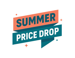 Obraz premium Flat vector banner design text Summer Price Drop bold geometric font coral and blue palette ribbon folded shape