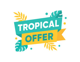 Flat vector banner design text Tropical Offer bold geometric font turquoise and palette ribbon folded shape