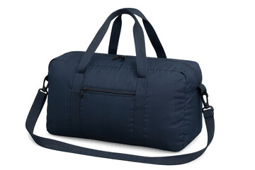 Dark blue duffel bag for travel or gym, isolated on transparent background, new