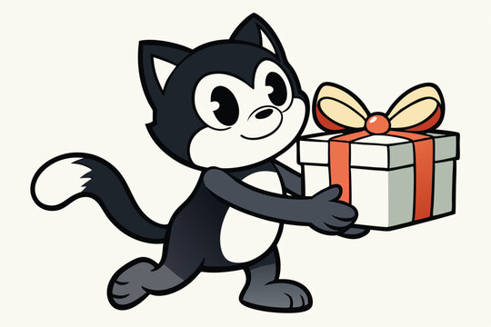 Black and white cartoon cat cheerfully carrying a beautifully wrapped gift box presents - Powered by Adobe