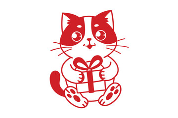 Cute red cartoon kitty smiles while holding a gift box with both paws