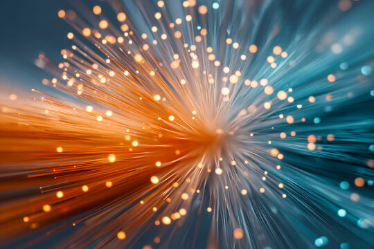 Vibrant glowing fiber optic strands emitting radiant warm orange and cool blue light points in an abstract futuristic technology background