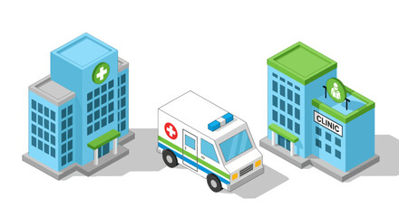 Isometric illustration of a hospital, clinic, and ambulance.