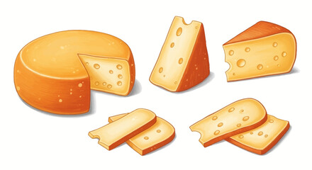 Illustration of various cuts and shapes of cheese with holes.