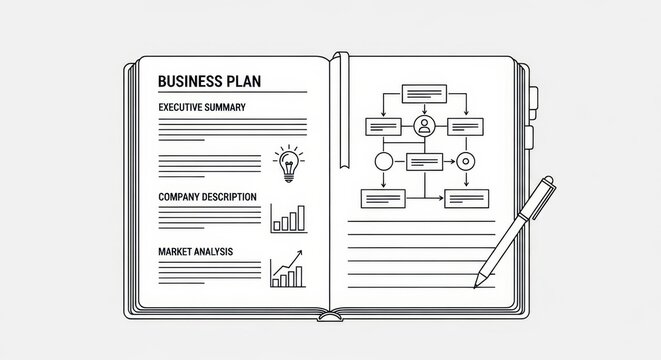 Illustrated business plan notebook showing market analysis and organizational flow chart diagram