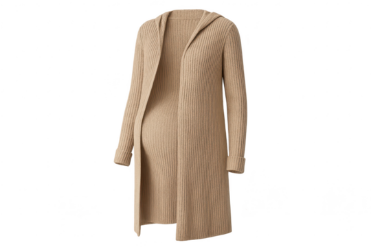 Beige ribbed knit hooded long maternity cardigan, isolated on transparent background.