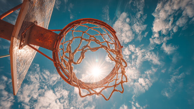 Sunlight shining through an old weathered basketball hoop with a frayed net against a bright sky filled with scattered white clouds in a vibrant outdoor setting - Powered by Adobe