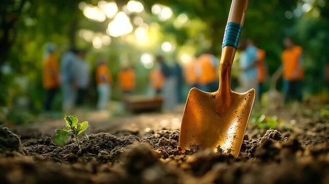 Golden shovel rests on freshly turned soil, symbolizing groundbreaking ceremony, blurred figures in orange vests stand in background, suggesting anticipation, celebration, and team